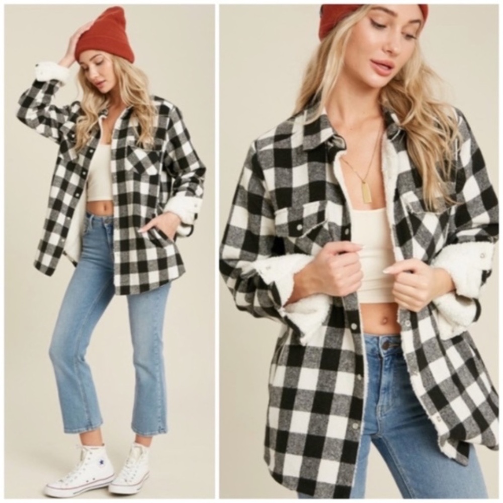 SOLD OUT Black Buffalo Plaid Sherpa Lined Shacket Shirt Jacket - Picture 1 of 6